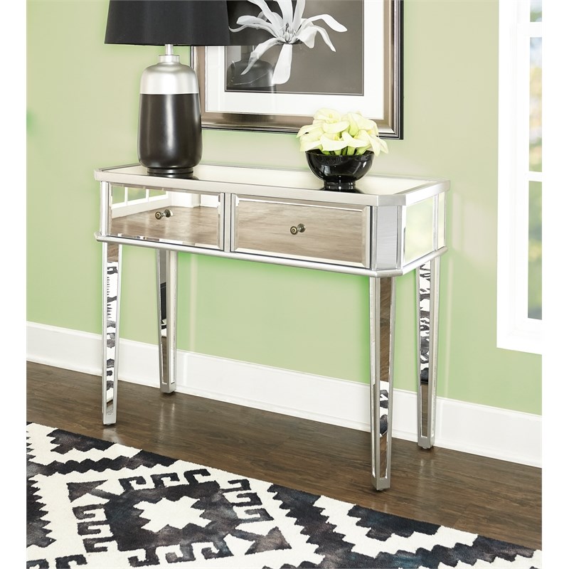 Pemberly Row Modern Mirrored Wood Console Table in Silver