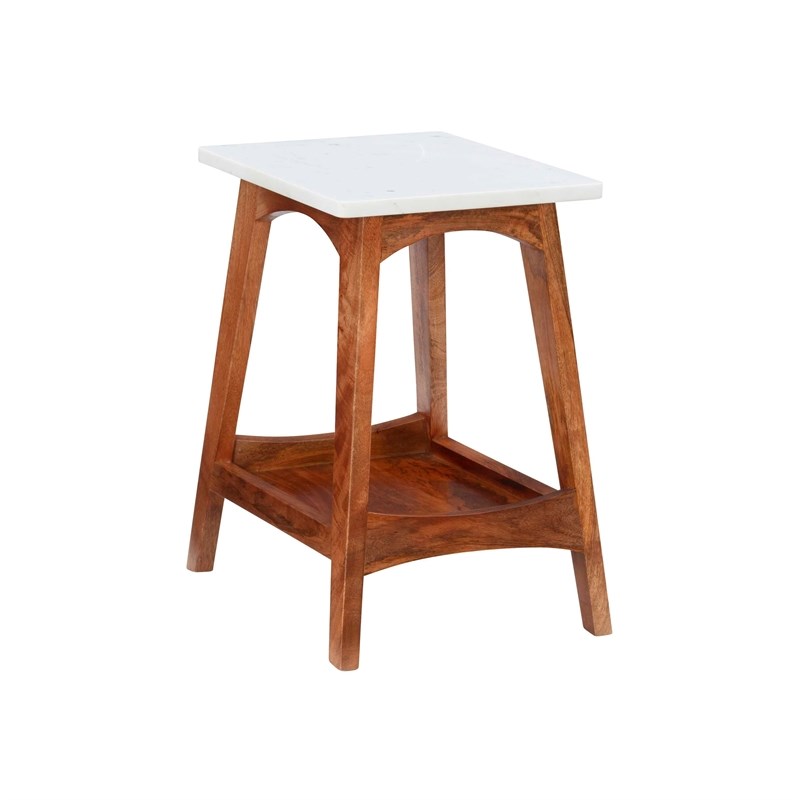 Pemberly Row Contemporary Mango Wood and Marble Side Table in Brown