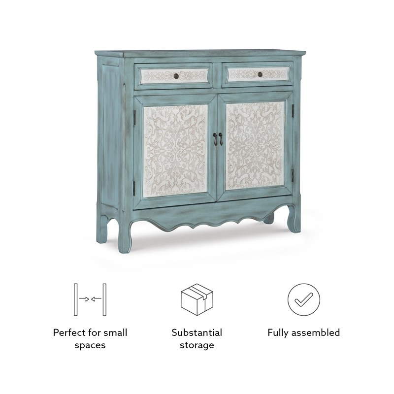 Pemberly Row Traditional Wood Storage Cabinet Console in Antiqued Blue and White