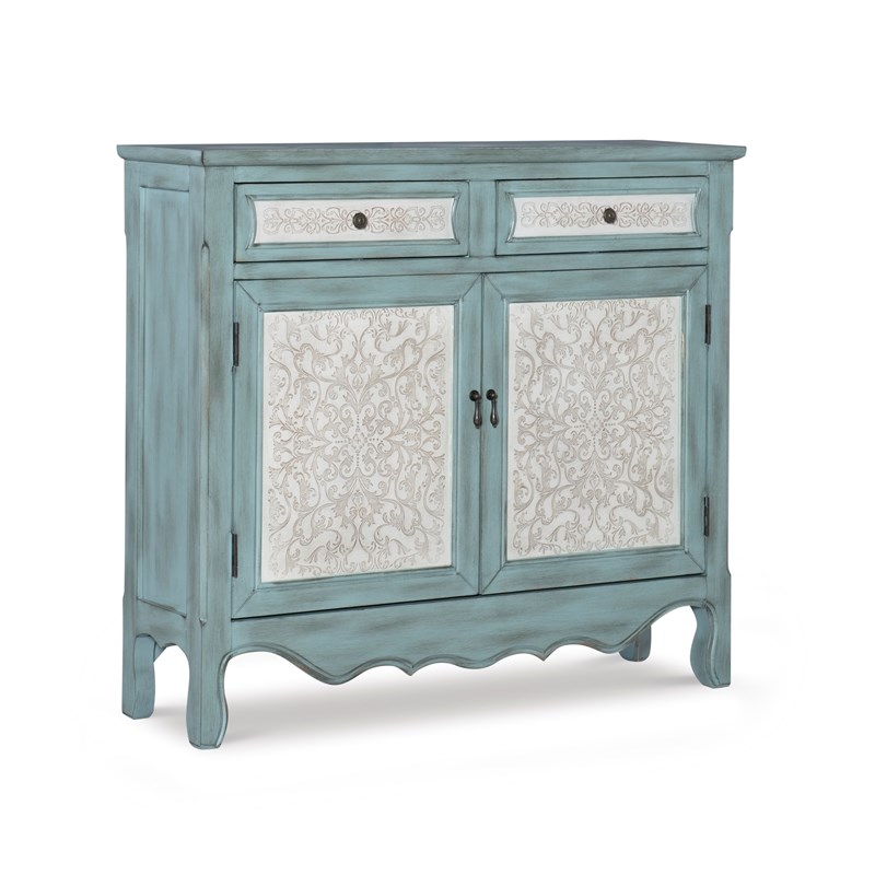 Pemberly Row Traditional Wood Storage Cabinet Console in Antiqued Blue and White
