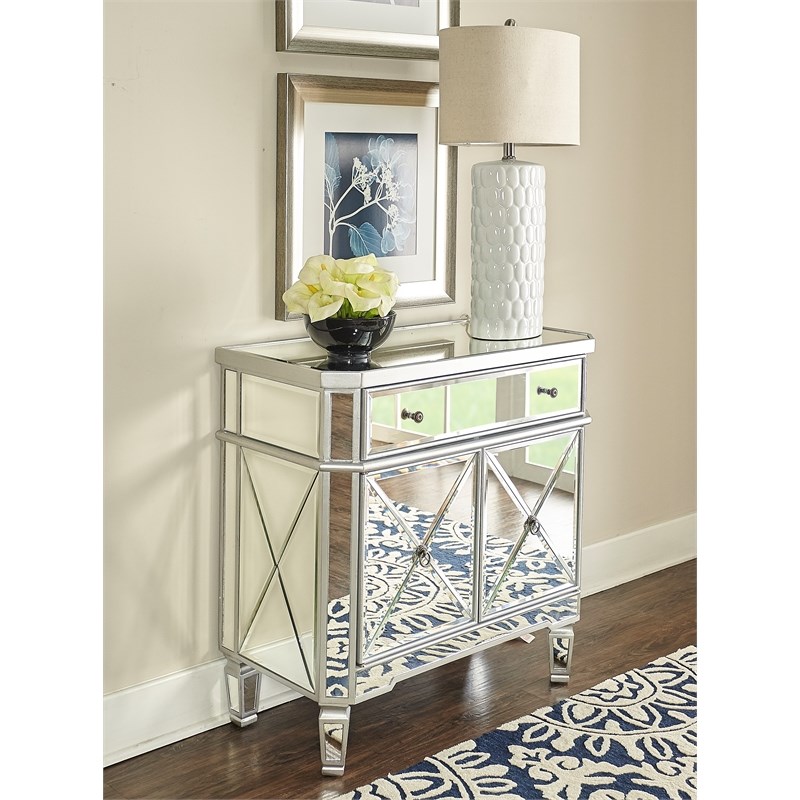 Pemberly Row Modern Mirrored Solid Wood One Drawer Console Table in Gray