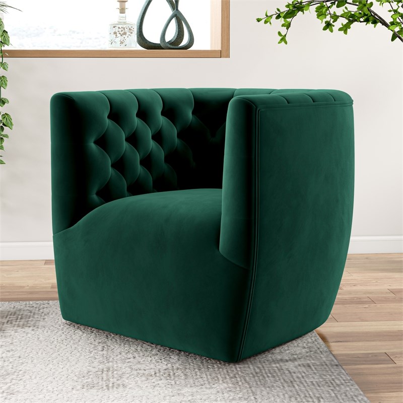 Pemberly Row Mid-Century Tufted Back Velvet Swivel Chair in Green