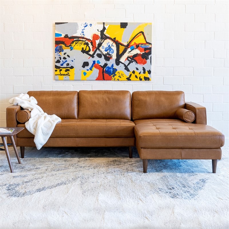 Pemberly Row Mid-Century L-Shaped Leather Right-Facing Sectional in Tan