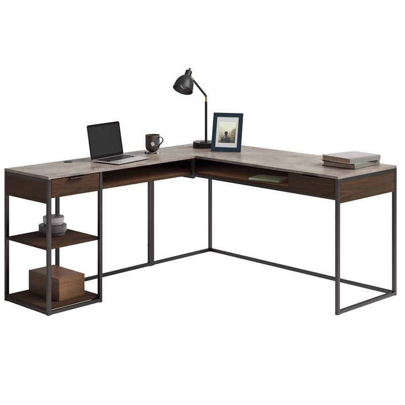 Pemberly Row Engineered Wood L-Shape Desk in Deco Stone Gray