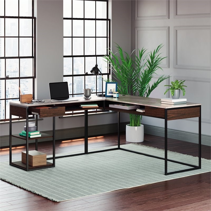 Pemberly Row Engineered Wood L-Shape Desk in Deco Stone Gray