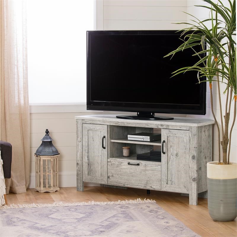 Pemberly Row Farmhouse Wood TV Stand in Weathered White Oak