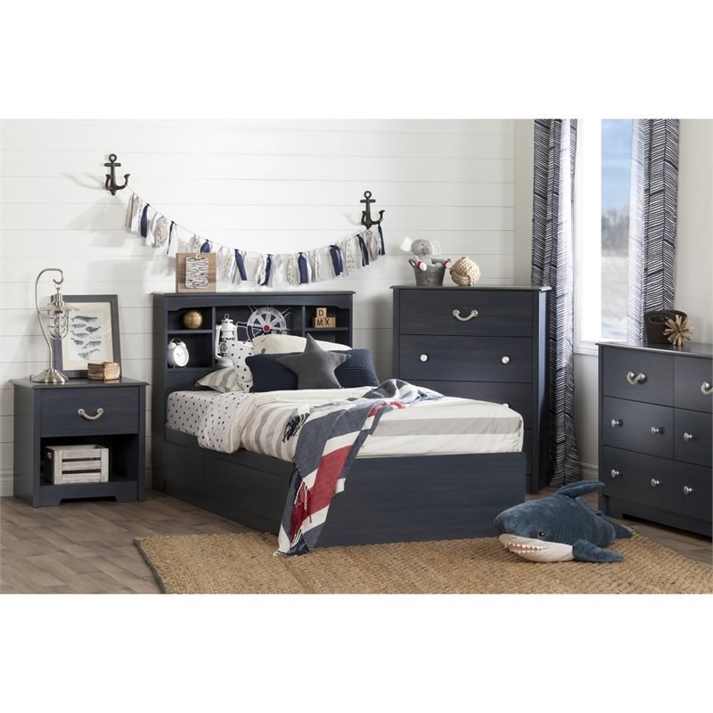 Pemberly Row Transitional Wood Twin Bookcase Headboard in Blueberry