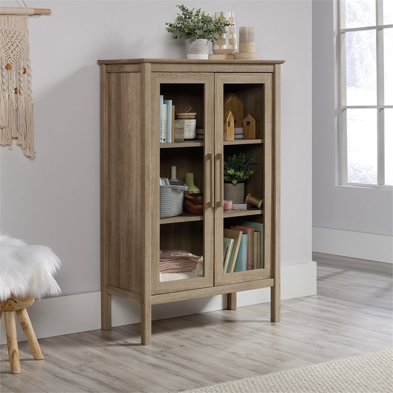 Pemberly Row Engineered Wood and Tempered Glass Curio Cabinet in Sky Oak