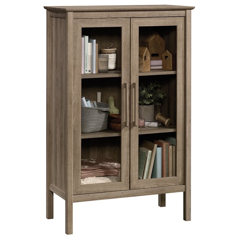 Pemberly Row Engineered Wood and Tempered Glass Curio Cabinet in Sky Oak