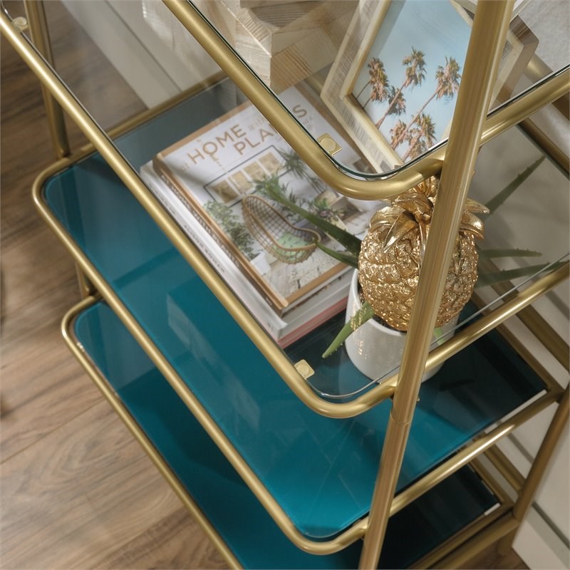 Pemberly Row Modern 5-Shelf Glass and Metal Bookcase in Satin Gold