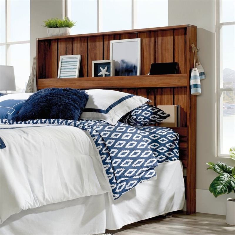 Pemberly Row Modern Queen Wood Headboard with 2Shelves in Blaze Acacia