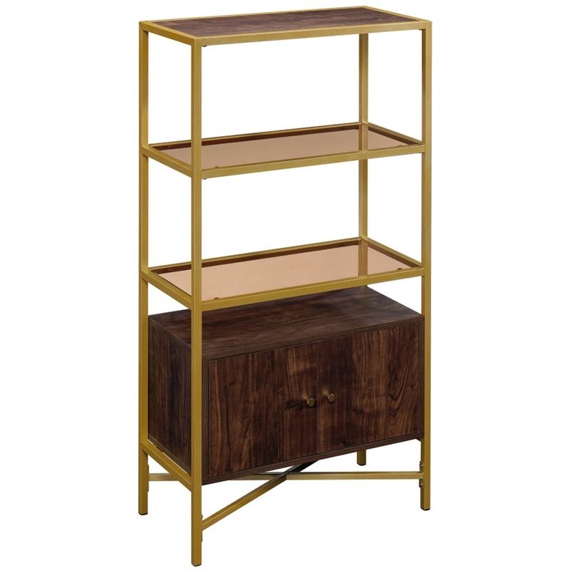 Pemberly Row 3 Glass Shelf Bookcase in Rich Walnut and Gold