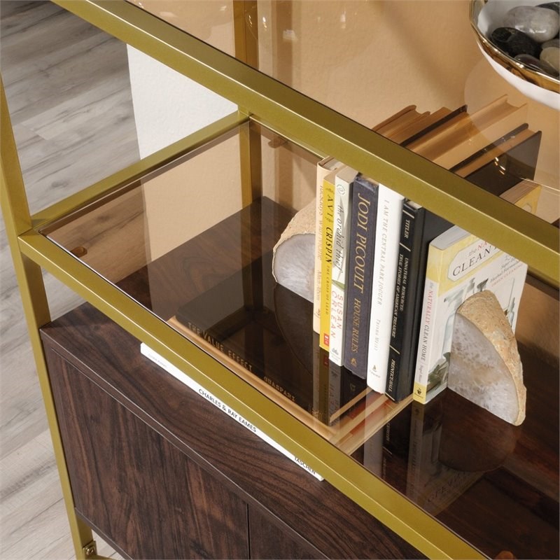 Pemberly Row 3 Glass Shelf Bookcase in Rich Walnut and Gold