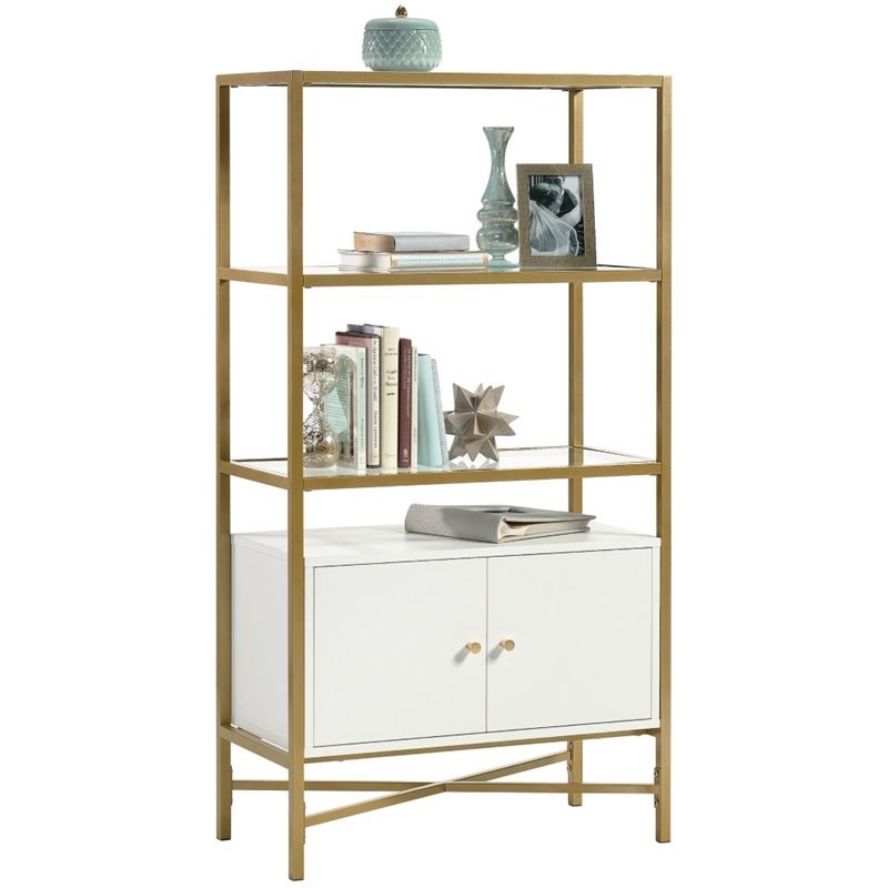 Pemberly Row Mid-Century 3 Glass Shelf Bookcase in White and Gold