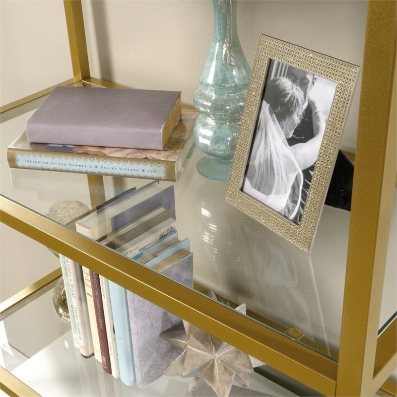Pemberly Row Mid-Century 3 Glass Shelf Bookcase in White and Gold