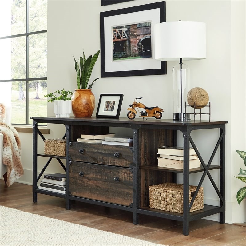 Pemberly Row Engineered Wood and Metal Large Storage Credenza in Carbon Oak