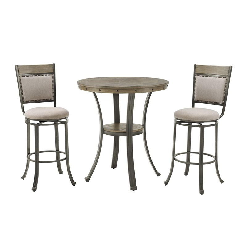 Pemberly Row Transitional Wood and Metal 3 Piece Pub Set in Pewter