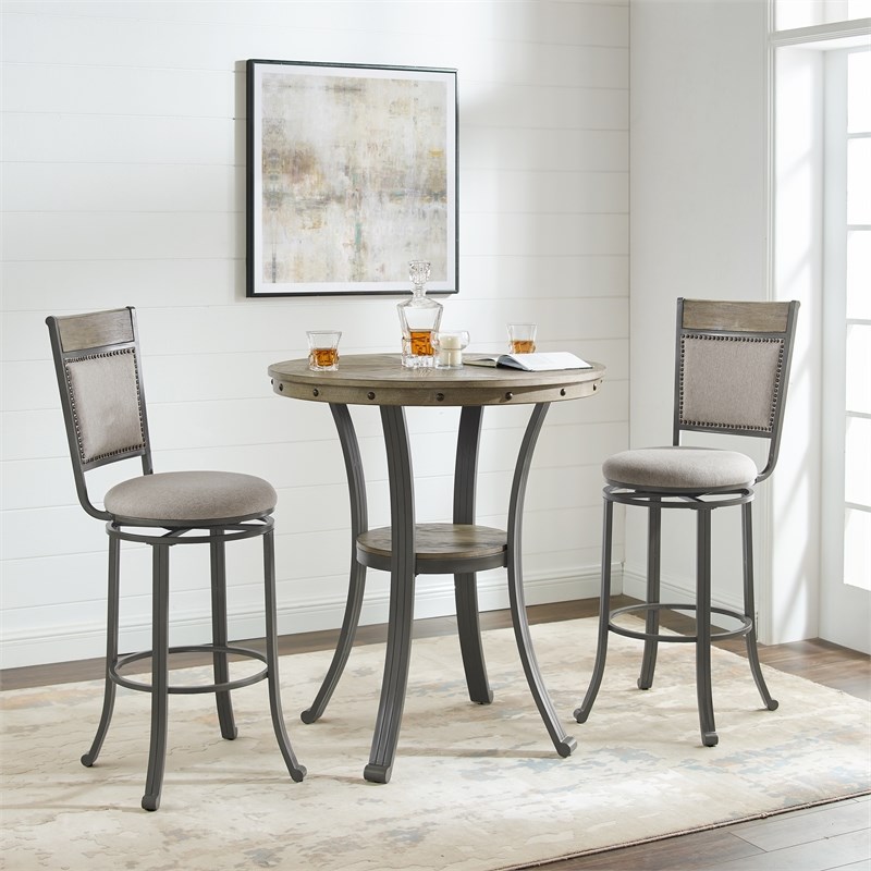 Pemberly Row Transitional Wood and Metal 3 Piece Pub Set in Pewter
