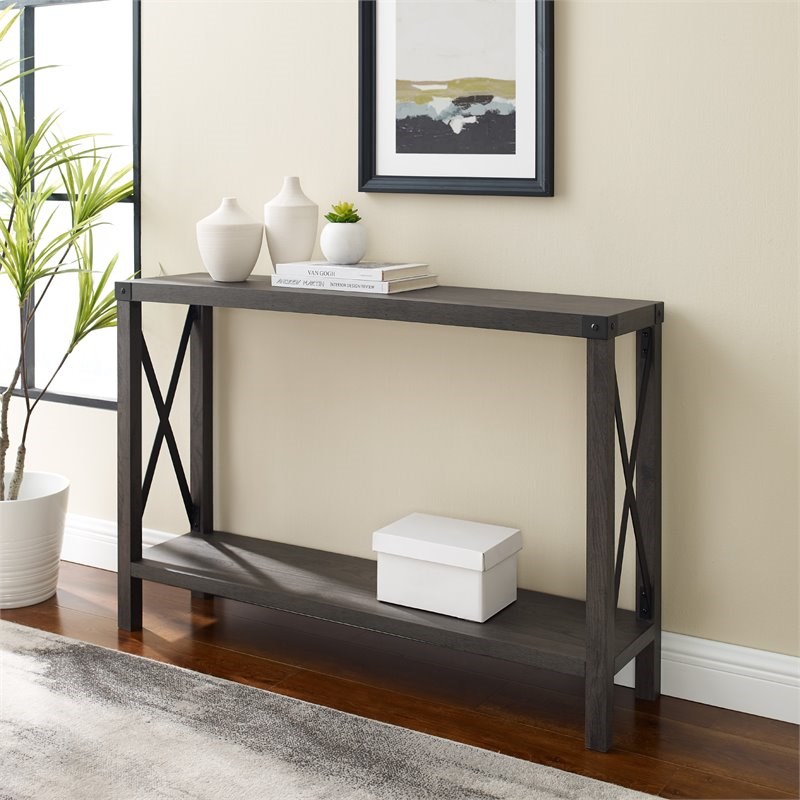 Pemberly Row Farmhouse Metal-X Entry Table with Lower Shelf in Sable