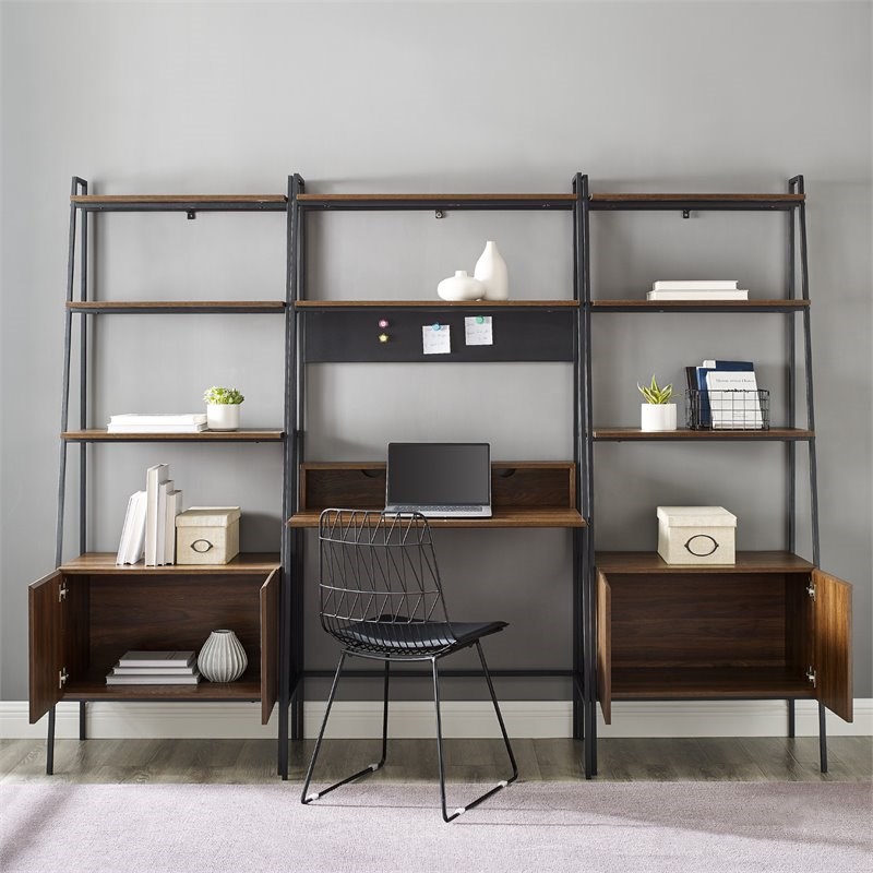Pemberly Row 3Piece Metal and Wood Ladder Desk with Storage in Dark