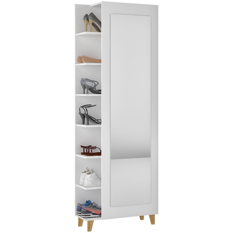 Pemberly Row Modern Wood 7 Shelf Shoe Rack with Mirror in White