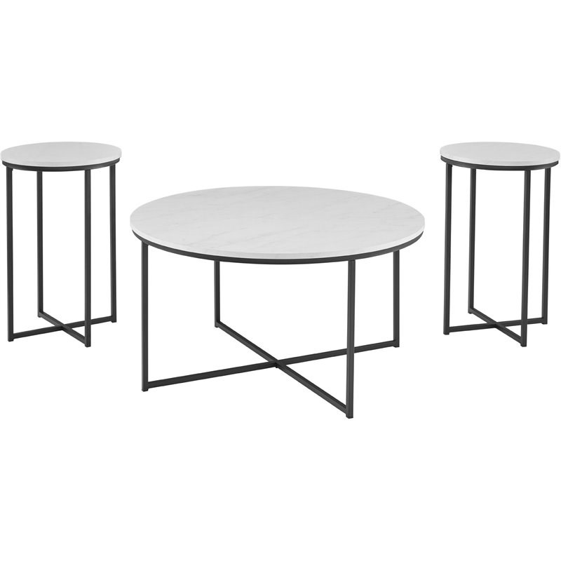 Pemberly Row 3-Piece X-Base Coffee and End Table Set in White Faux Marble/Black