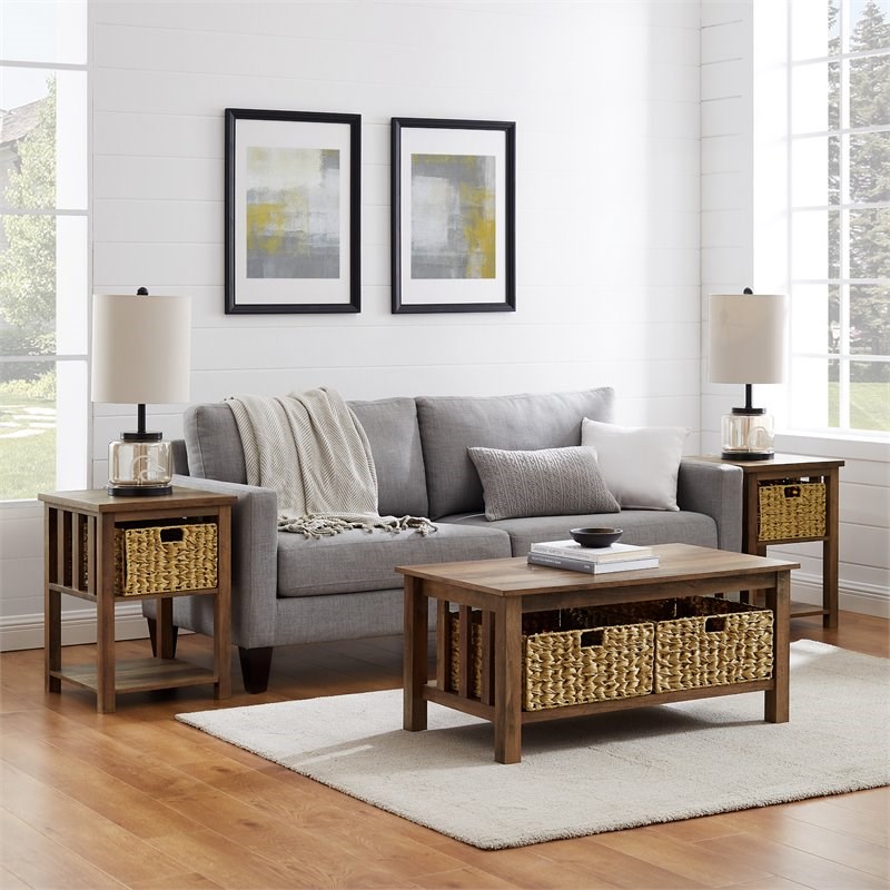 Pemberly Row 3-Piece Storage Coffee Table and End Table Set in Rustic Oak