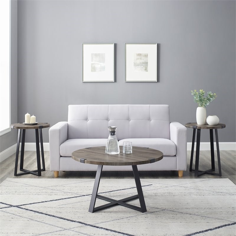 Pemberly Row 3-Piece Metal Wrap Coffee and End Table Set in Slate Gray