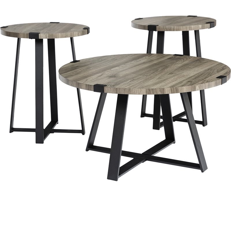 Pemberly Row 3-Piece Metal Wrap Coffee and End Table Set in Slate Gray