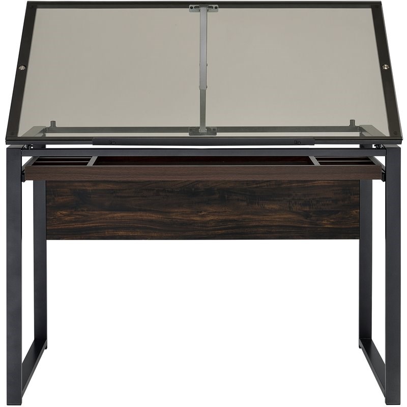 Pemberly Row Glass Top Drafting Desk in Dark Gunmetal and Chestnut