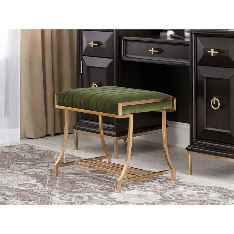 Pemberly Row Traditional Upholstered Vanity Stool in Dark Moss