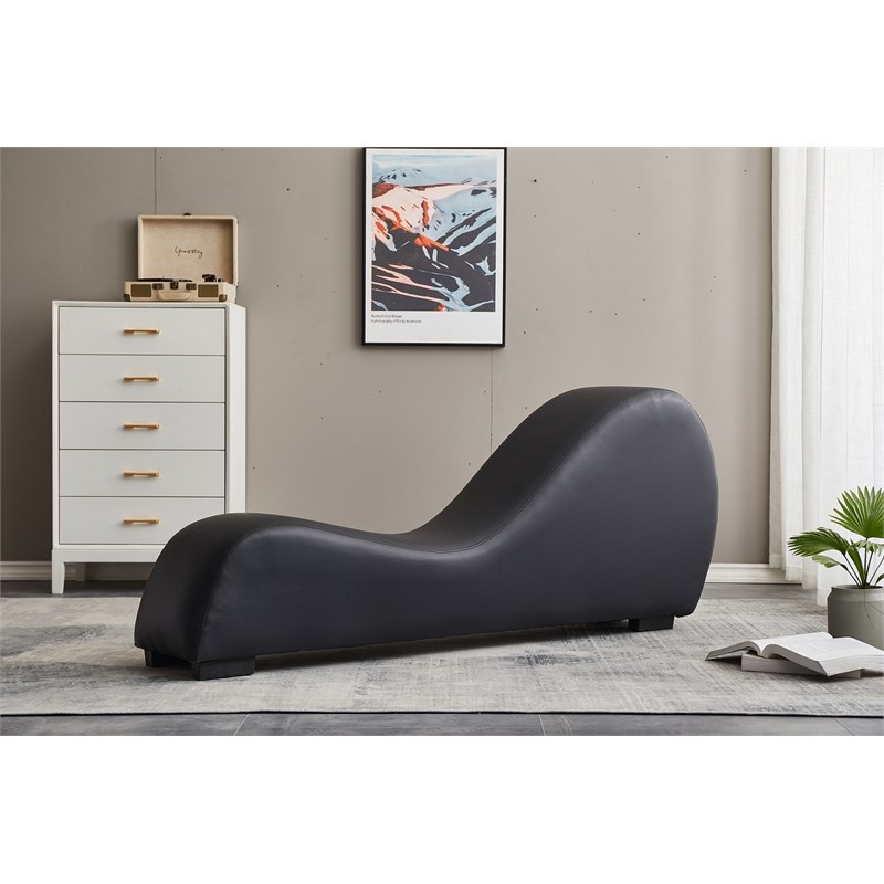 Pemberly Row Faux Leather Yoga Relaxing Chaise in Black Finish