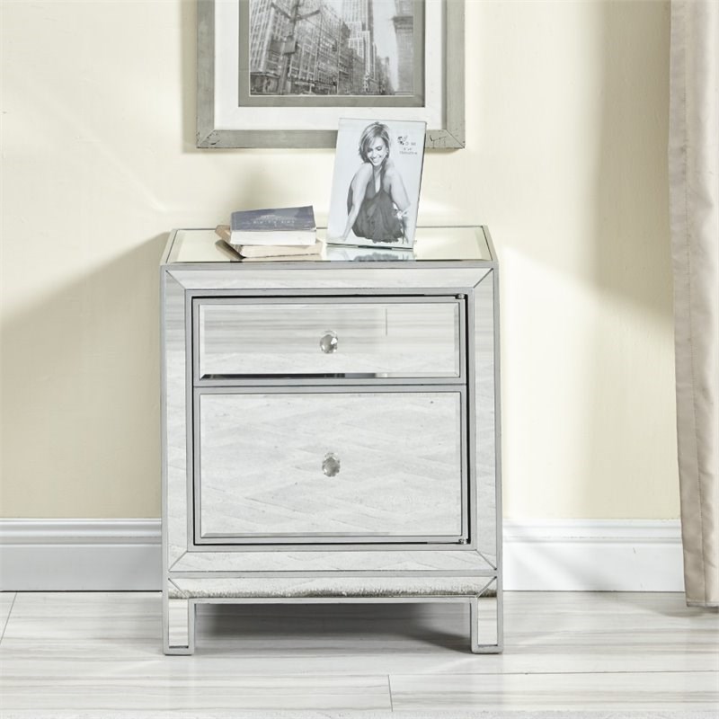 Pemberly Row 1 Door Mirrored Nightstand in Antique Silver Finish