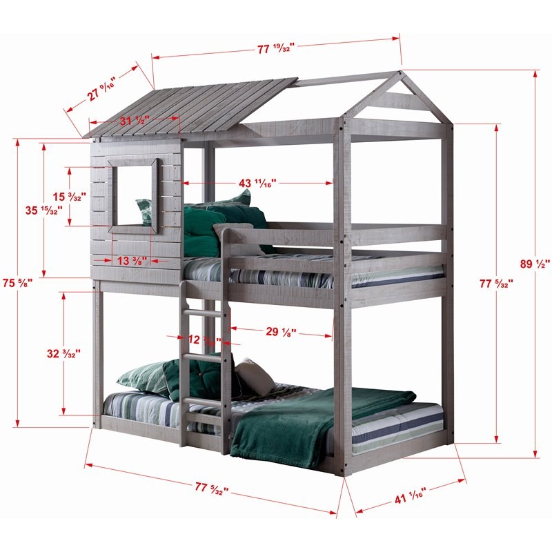 Pemberly Row Twin Over Twin Solid Wood Bunk Bed with Blue Tent in Gray