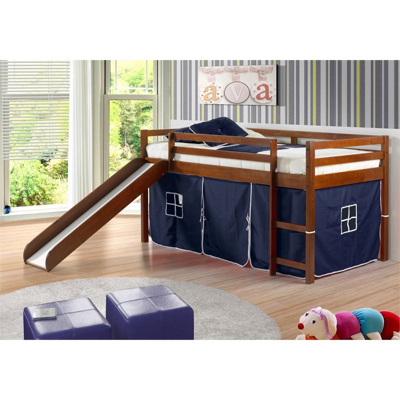 Pemberly Row Twin Solid Wood Mission Low Loft Bed with Blue Tent in Espresso