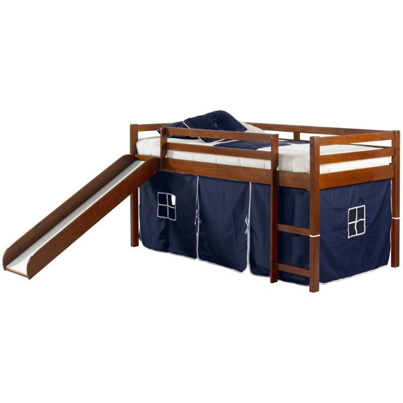 Pemberly Row Twin Solid Wood Mission Low Loft Bed with Blue Tent in Espresso