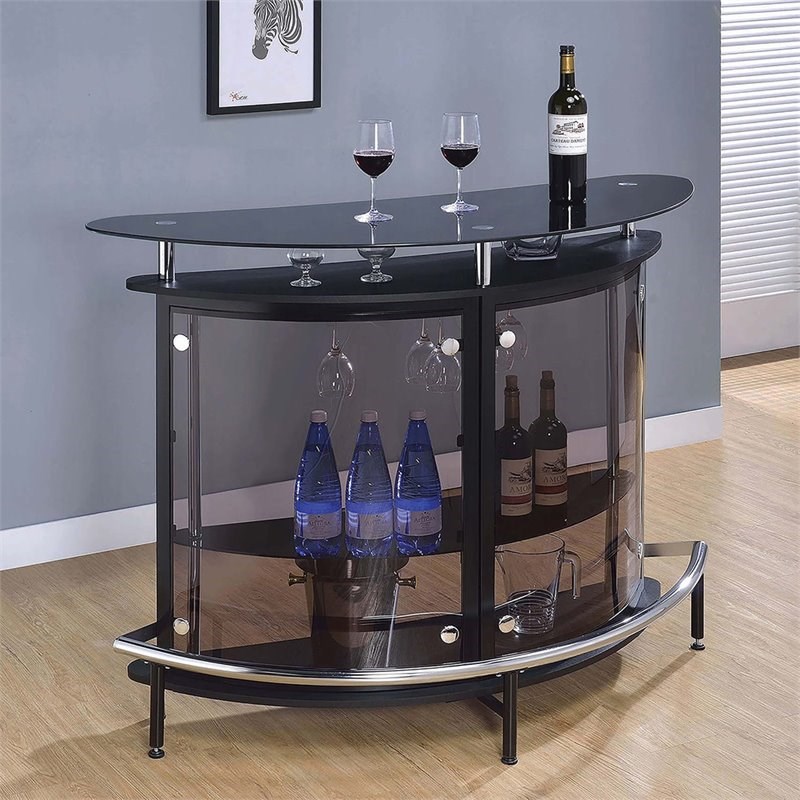 Pemberly Row Contemporary Glass Home Bar in Black and Chrome