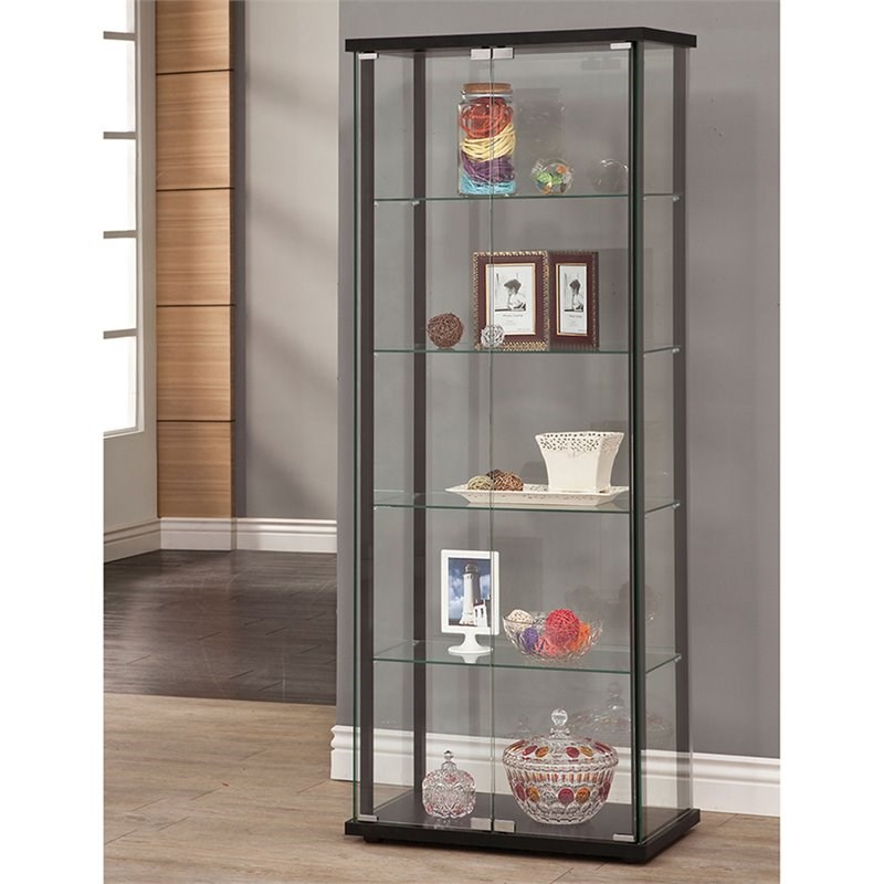 Pemberly Row Traditional 5 Shelf Glass Curio Cabinet in Black