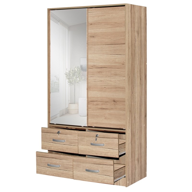 Pemberly Row Double Sliding Door Armoire with Mirror in Natural Oak