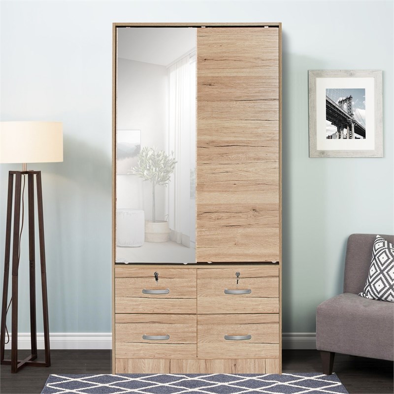 Pemberly Row Double Sliding Door Armoire with Mirror in Natural Oak