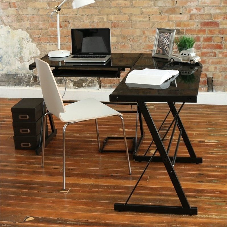 Scranton & Co Corner L Shaped Glass Top Computer Desk in Black