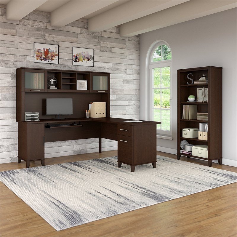Scranton & Co Furniture Somerset 72W L Desk with Hutch & Bookcase in Cherry