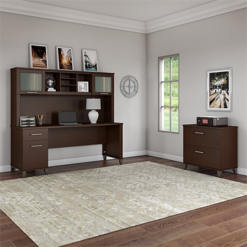 Scranton & Co Furniture Somerset 72W Desk with Hutch & Cabinet in Mocha Cherry