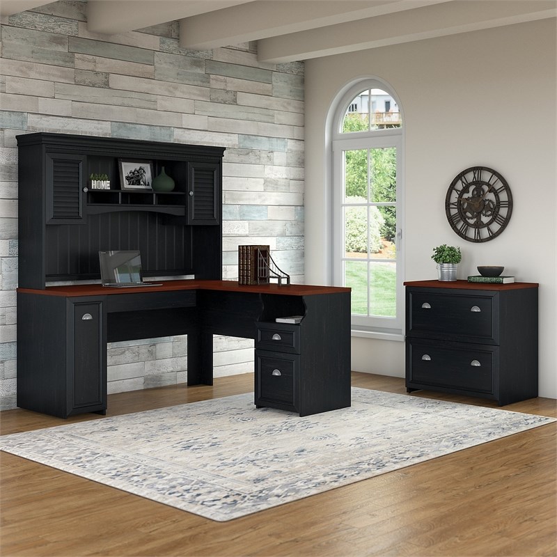 Scranton & Co Furniture Fairview L Desk with Hutch & File Cabinet in Black
