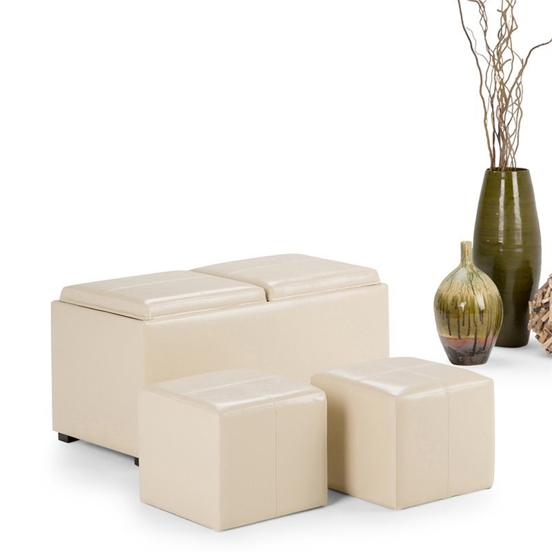 Atlin Designs 3-Piece Faux Leather Storage Ottoman in Cream