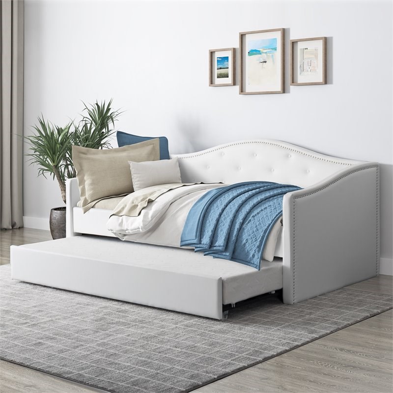 Atlin Designs Twin Faux Leather Daybed with Trundle in White