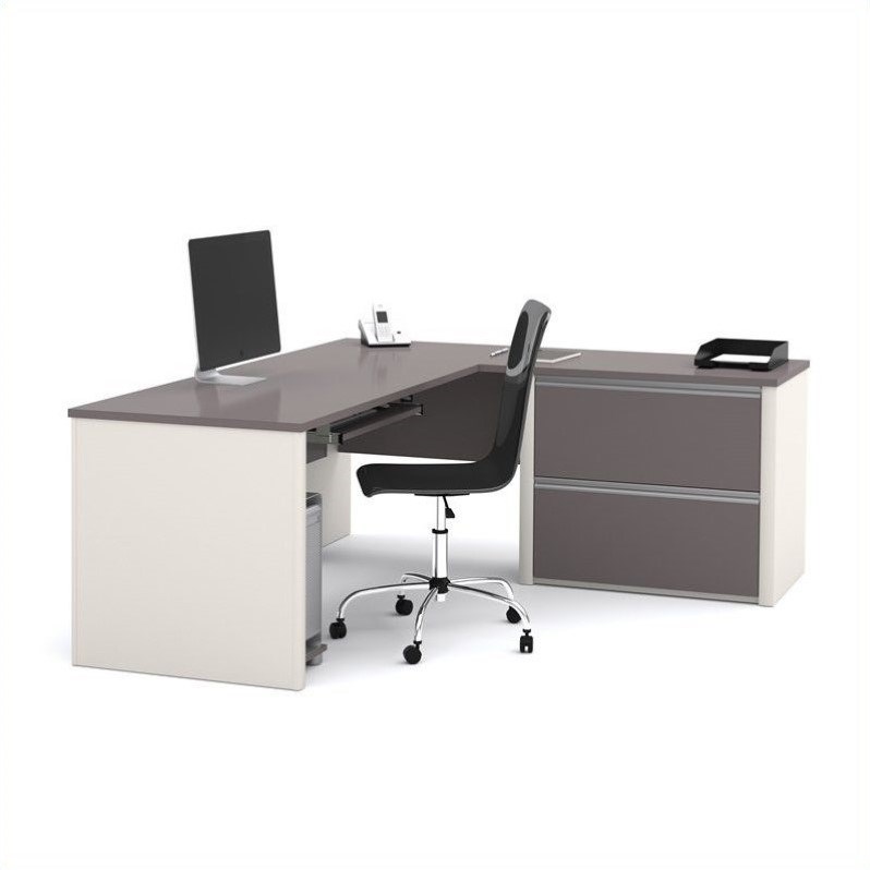 Atlin Designs L-Shaped Desk with 1 Oversized Pedestal in Sandstone & Slate