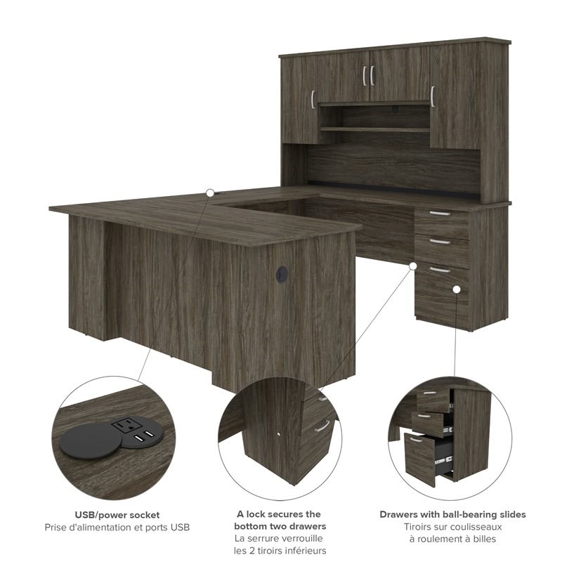 Atlin Designs U or L-Shaped Executive Desk with Hutch in Walnut Gray
