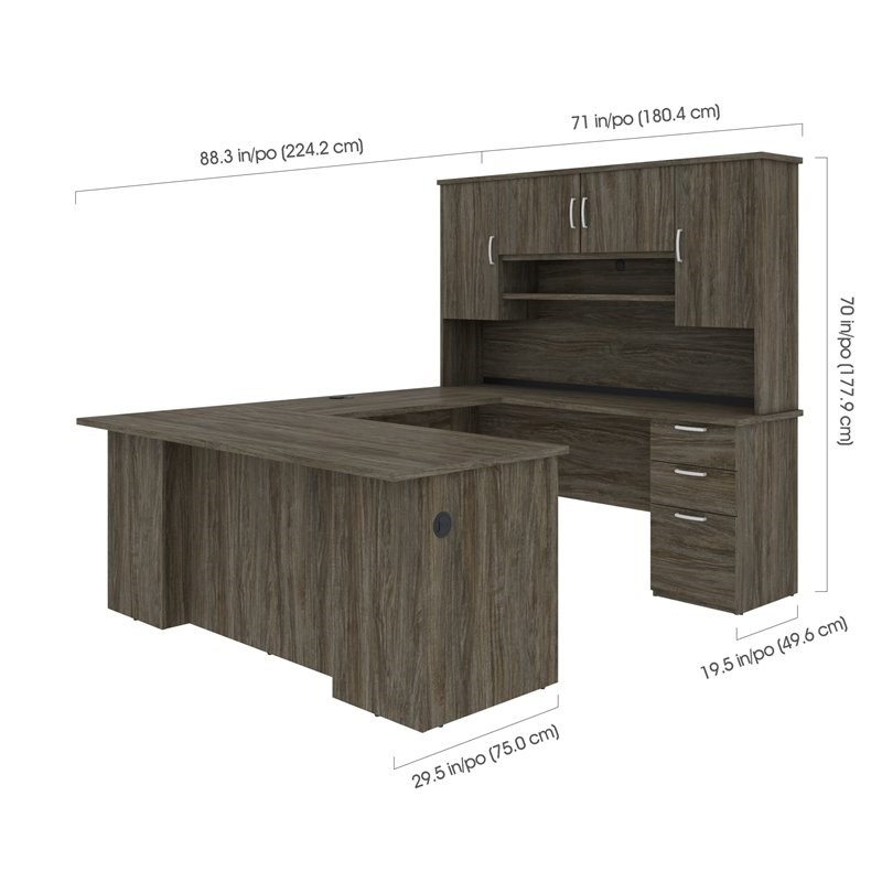 Atlin Designs U or L-Shaped Executive Desk with Hutch in Walnut Gray