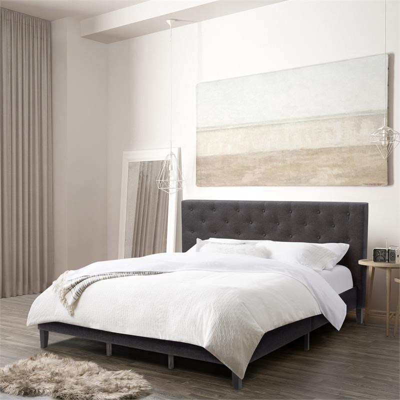 Atlin Designs Tufted Fabric King Size Bed in Dark Gray